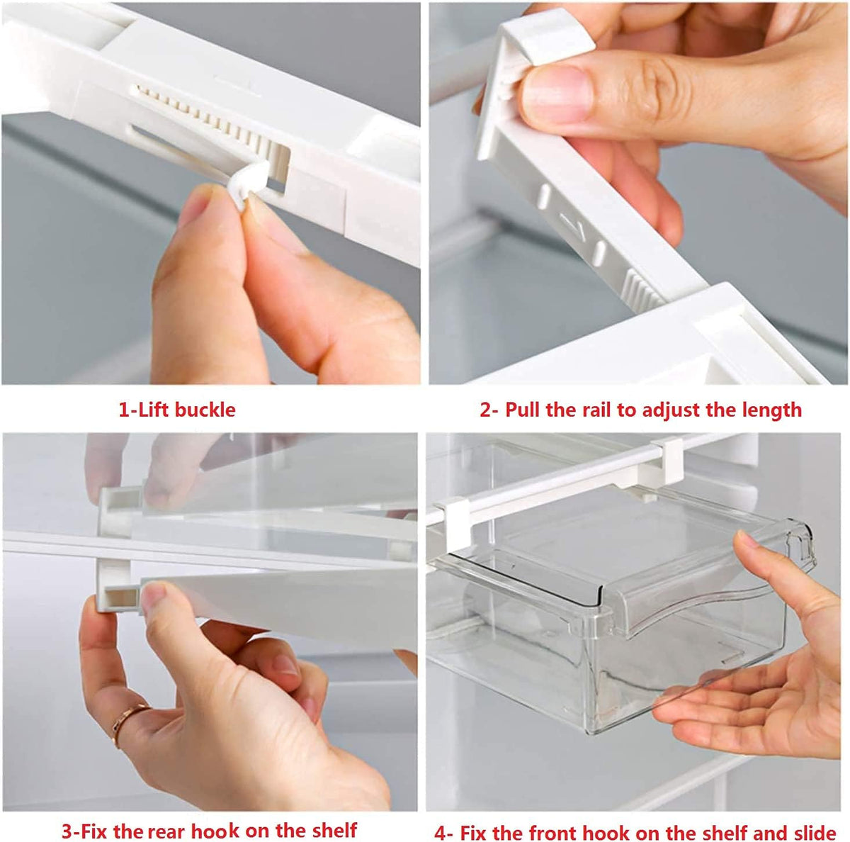 Refrigerator Pull Out Bin,Snap On Drawer Fridge Mate,Fridge Storage Box/Drawers/Rack, Refrigerator Bin Home Organizer for Fridge Shelf Thickness Under 0.6"