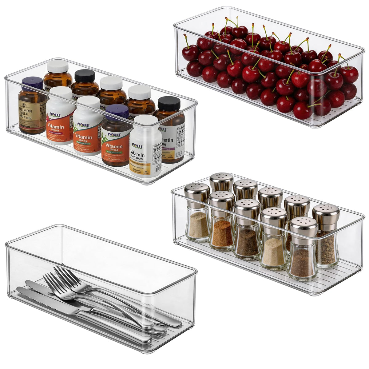 Hudgan 4 Clear Pantry Organizer Bins for Kitchen Drawer, Refrigerator