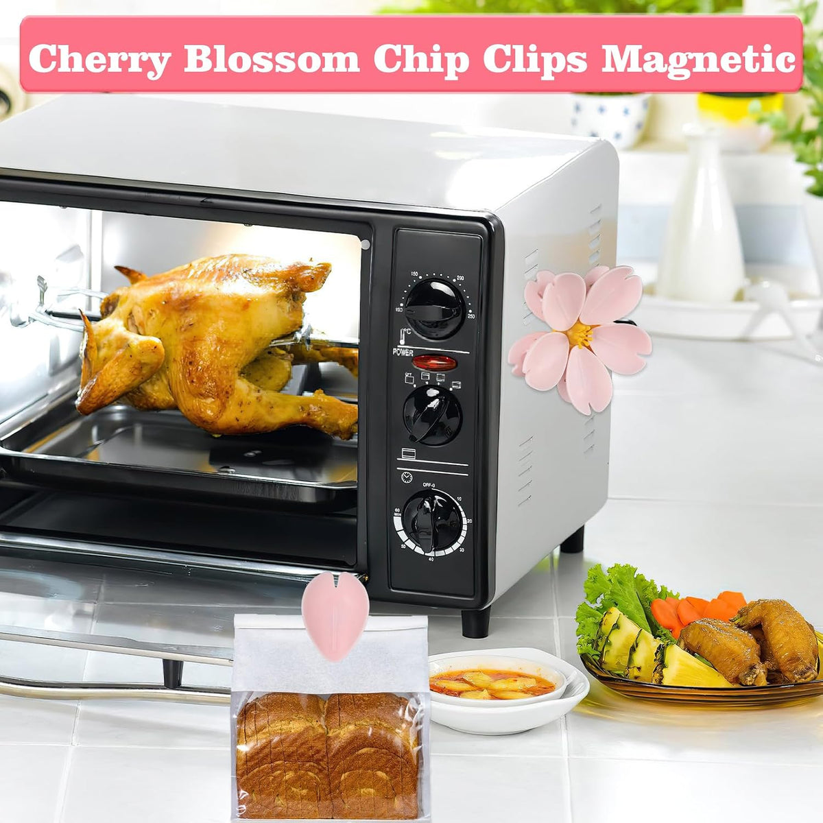 4 Pack Cherry Chip Clips Magnetic, Strong Cute Fridge Magnets Clips, Sealing Pink Chip Clips for Snack Bag Storage