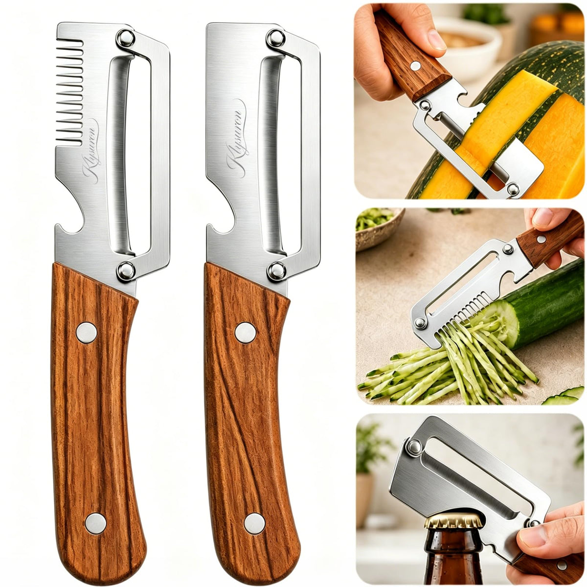 3-in-1 Vegetable Peeler with Bottle Opener, Wooden Handle