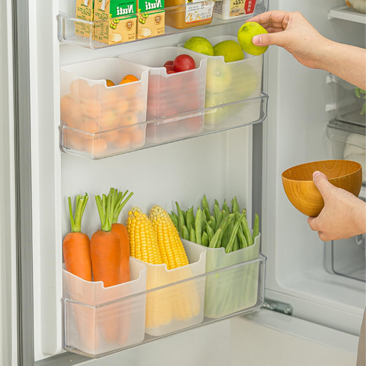 3 Pack Refrigerator Organizer Box with Lid, Plastic Refrigerator Side Door Storage Containers, Space-Saving Organizer Bins for Refrige, Refrige Drawers for Fruit and Vegetable (Clear, S×3)