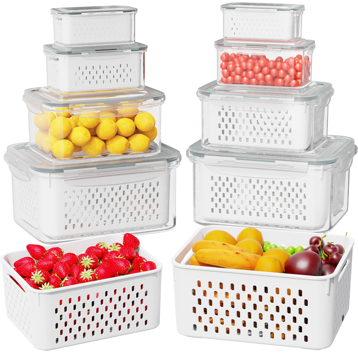 Dayacoco Fruit Storage Containers for Fridge 4 Pcs with Drain Basket
