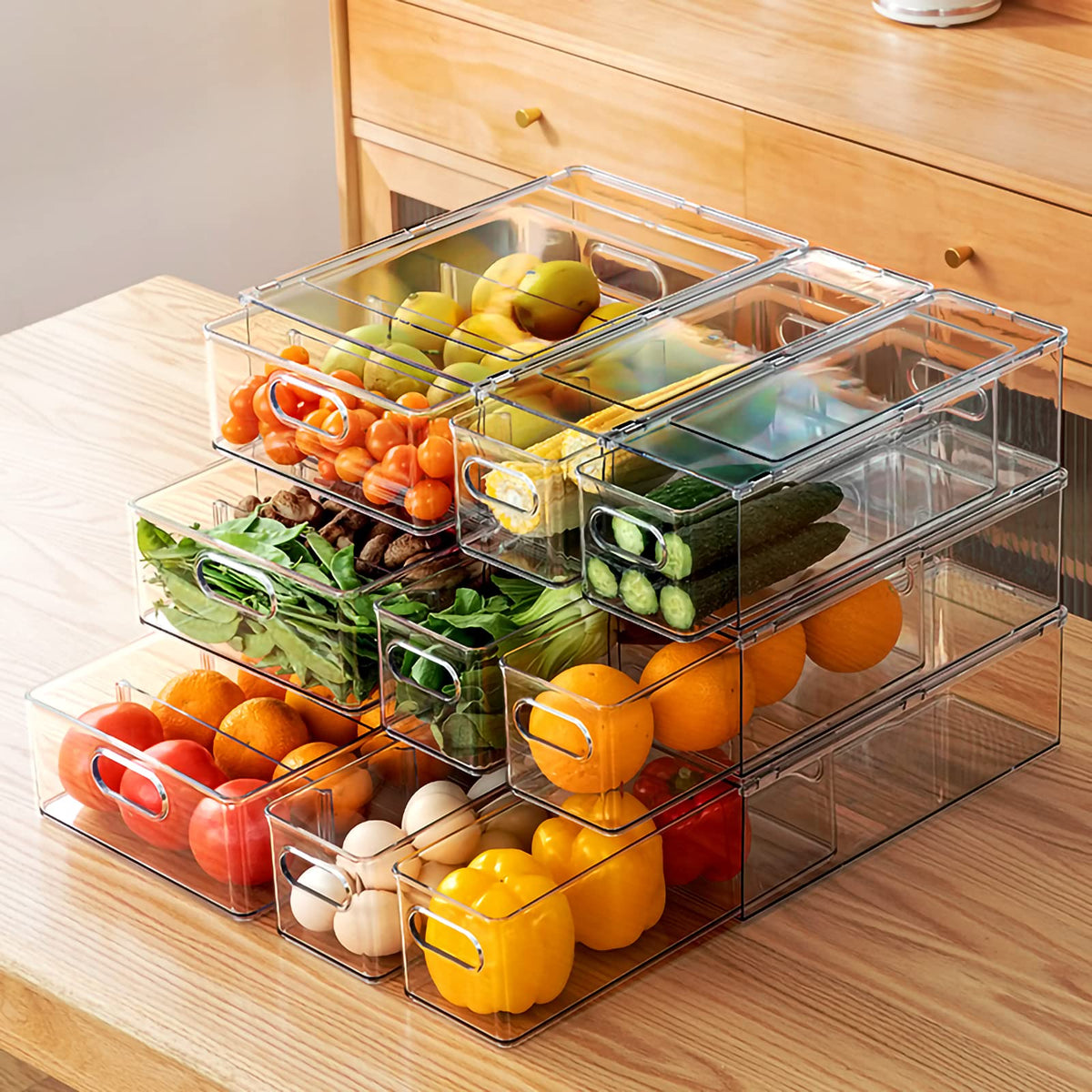 3Pack Fridge Organizer Drawer Divider Cube Pull-Out Bins Clear Food Container Refrigerator Storage box Produce Saver for Pantry Kitchen Cabinet