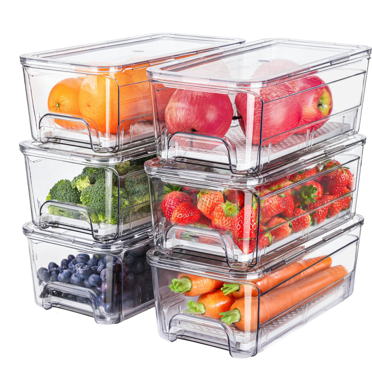 4-Pack Refrigerator Drawer Organizer Bins, Clear Stackable Pull Out Fridge Organizers and Storage Container, with Strainer Layer for Fruits, Vegetables, Drinks, Snack and Food