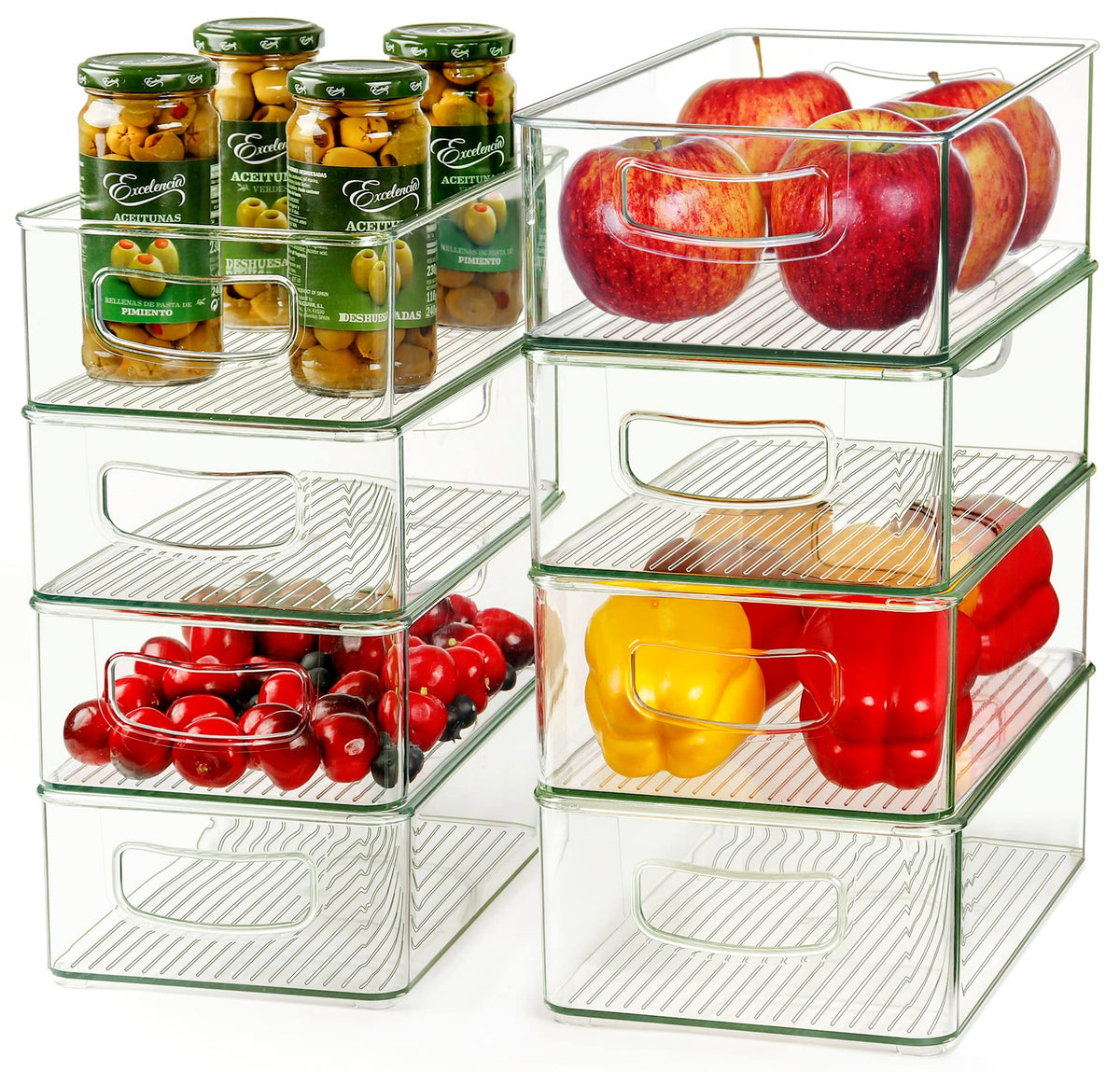 Hudgan Clear Storage Bins 8 Packs for Refrigerator, 4 Large Stackable Pantry Organizer Bins and 4 Medium Storage Plastic Containers for Home Edit, Kitchen, Freezer, Bathroom, Drawers, Shelves