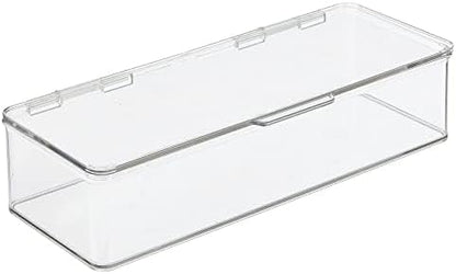 mDesign Long Plastic Kitchen Pantry/Fridge Storage Organizer Box Containers with Hinge Lid for Shelves or Cabinets, Holds Food, Snacks, Seasoning, Condiments, Flatware, Utensils, 2 Pack, Clear