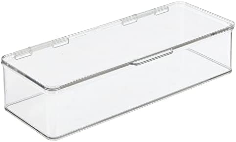 mDesign Long Plastic Kitchen Pantry/Fridge Storage Organizer Box Containers with Hinge Lid for Shelves or Cabinets, Holds Food, Snacks, Seasoning, Condiments, Flatware, Utensils, 2 Pack, Clear