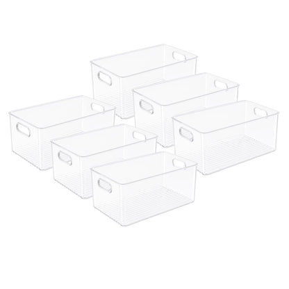Plastic Food Storage 2 Pack Clear Container Bin with Handles for Organizing Kitchen, Pantry, Refrigerator, Freezer, Pantry, Cabinet, Closet, Bathroom. Stackable 10”x6”x3”