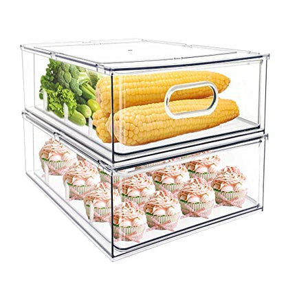 3Pack Fridge Organizer Drawer Divider Cube Pull-Out Bins Clear Food Container Refrigerator Storage box Produce Saver for Pantry Kitchen Cabinet