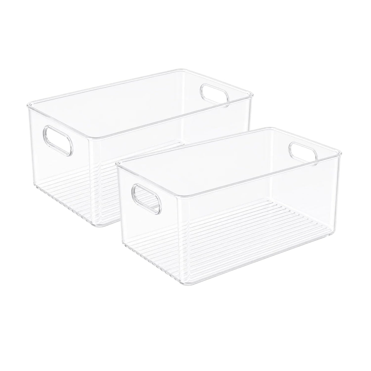 Plastic Food Storage 2 Pack Clear Container Bin with Handles for Organizing Kitchen, Pantry, Refrigerator, Freezer, Pantry, Cabinet, Closet, Bathroom. Stackable 10”x6”x3”