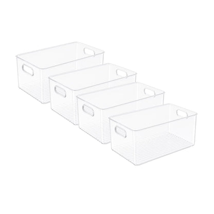 Plastic Food Storage 2 Pack Clear Container Bin with Handles for Organizing Kitchen, Pantry, Refrigerator, Freezer, Pantry, Cabinet, Closet, Bathroom. Stackable 10”x6”x3”