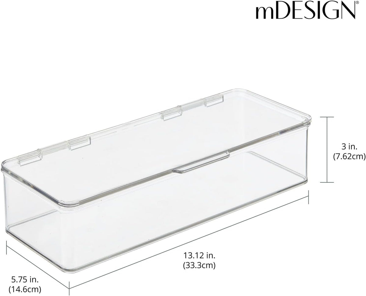 mDesign Long Plastic Kitchen Pantry/Fridge Storage Organizer Box Containers with Hinge Lid for Shelves or Cabinets, Holds Food, Snacks, Seasoning, Condiments, Flatware, Utensils, 2 Pack, Clear