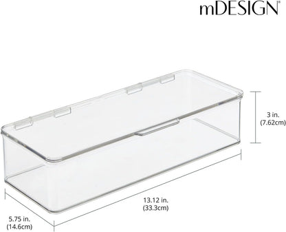 mDesign Long Plastic Kitchen Pantry/Fridge Storage Organizer Box Containers with Hinge Lid for Shelves or Cabinets, Holds Food, Snacks, Seasoning, Condiments, Flatware, Utensils, 2 Pack, Clear