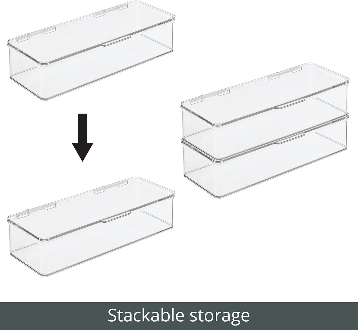 mDesign Long Plastic Kitchen Pantry/Fridge Storage Organizer Box Containers with Hinge Lid for Shelves or Cabinets, Holds Food, Snacks, Seasoning, Condiments, Flatware, Utensils, 2 Pack, Clear