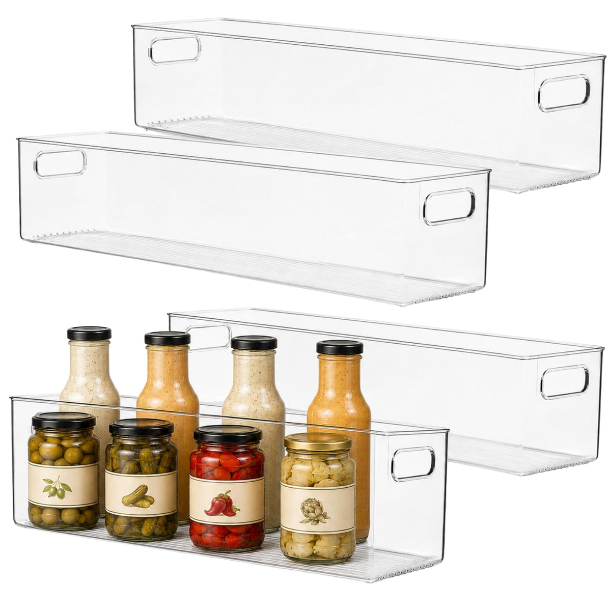 Plastic Food Storage 2 Pack Clear Container Bin with Handles for Organizing Kitchen, Pantry, Refrigerator, Freezer, Pantry, Cabinet, Closet, Bathroom. Stackable 10”x6”x3”