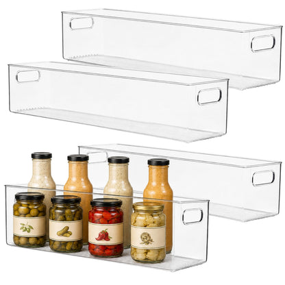 Plastic Food Storage 2 Pack Clear Container Bin with Handles for Organizing Kitchen, Pantry, Refrigerator, Freezer, Pantry, Cabinet, Closet, Bathroom. Stackable 10”x6”x3”