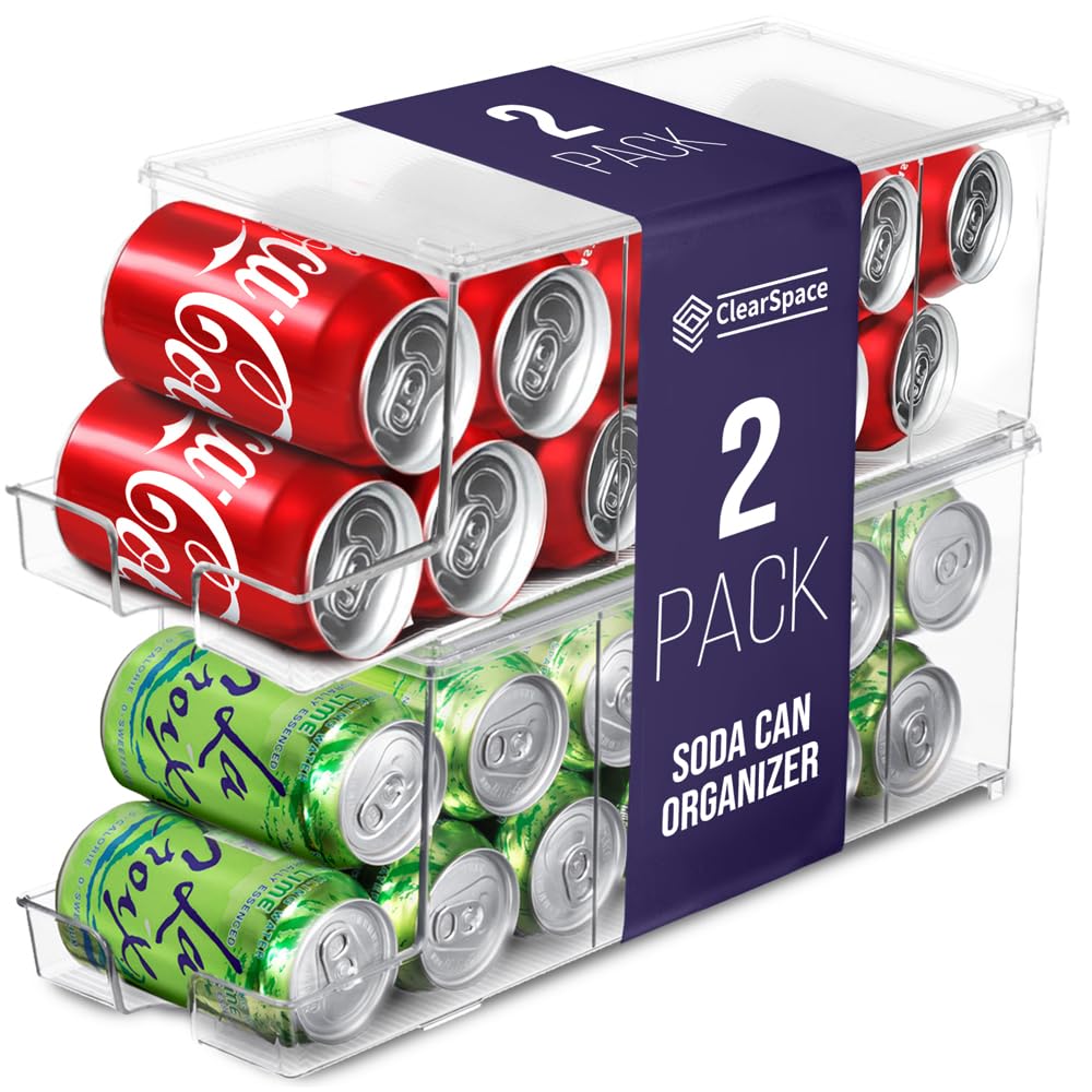 ClearSpace Soda Can Organizer Dispenser for Refrigerator, 12 Can, 2 Pack