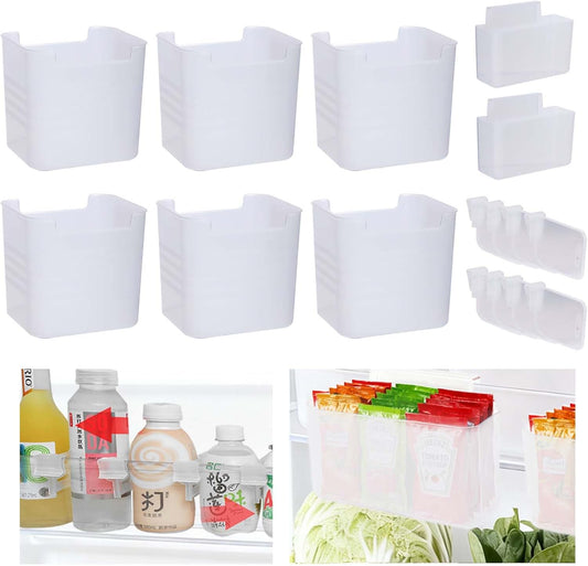 WRENYZK 16PCS Refrigerator Door Organizer, 6 Fridge Organizer Box 2 Hanging Storage Container and 8 Refrigerator Dividers, Fridge Side Door Storage Containers for Kitchen Fruits Drinks