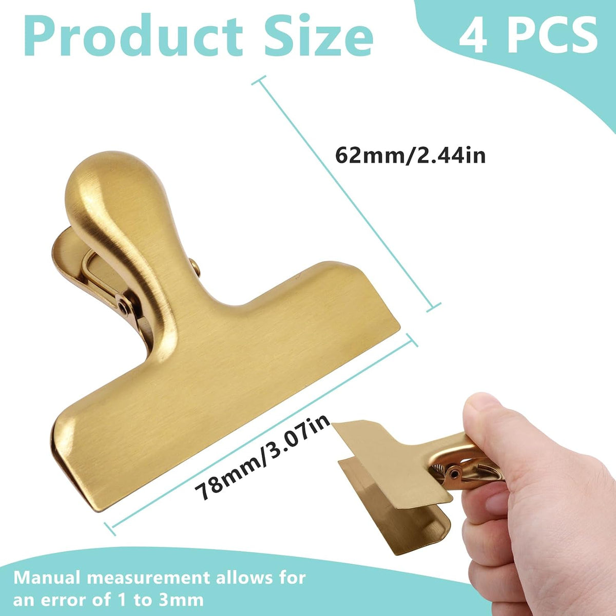 4 Pack Gold Chip Clips, 3 Inch Wide Stainless Steel Bag Clips for Food, Strong Grip Snack Bag Food Clip, Air Tight Seal Chip Clip File Clamp for Kitchen Office Home Supplies (Gold)