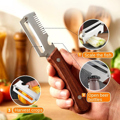 2026 Upgrade Vegetable Peeler With Wooden Handle, Stainless Steel Wide Blade Potato and Carrot Peeler, 3-in-1 Veggie Peeler With Scallion Shredder and Bottle Opener for Kitchen, Camping and Trave