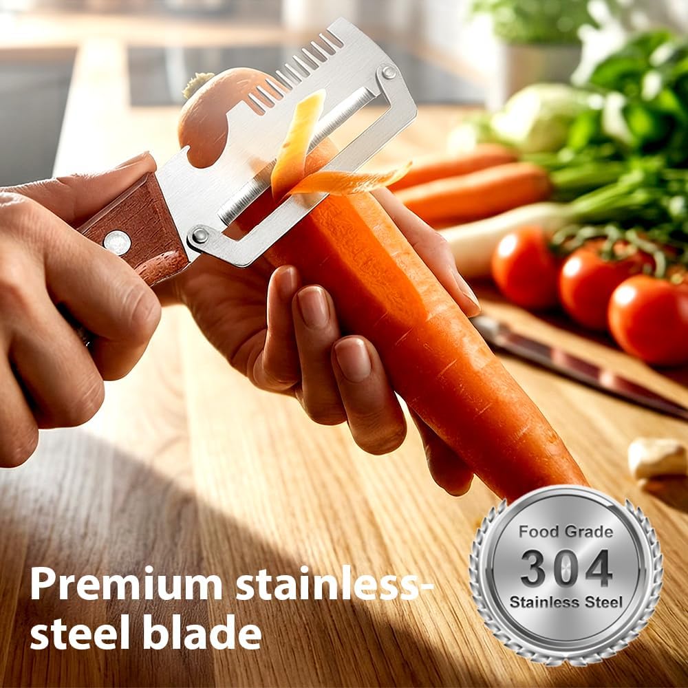 Premium Vegetable Peeler with Wooden Handle and Bottle Opener, 2026 Upgrade Multifunctional Vegetable Peeler for Kitchen, Multi-Functional Kitchen Gadgets Tool for Fruit Vegetables Potato (1)