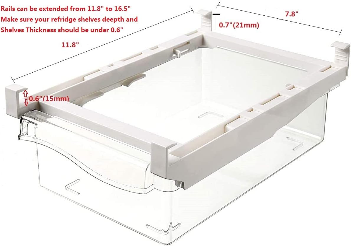 Refrigerator Pull Out Bin,Snap On Drawer Fridge Mate,Fridge Storage Box/Drawers/Rack, Refrigerator Bin Home Organizer for Fridge Shelf Thickness Under 0.6"