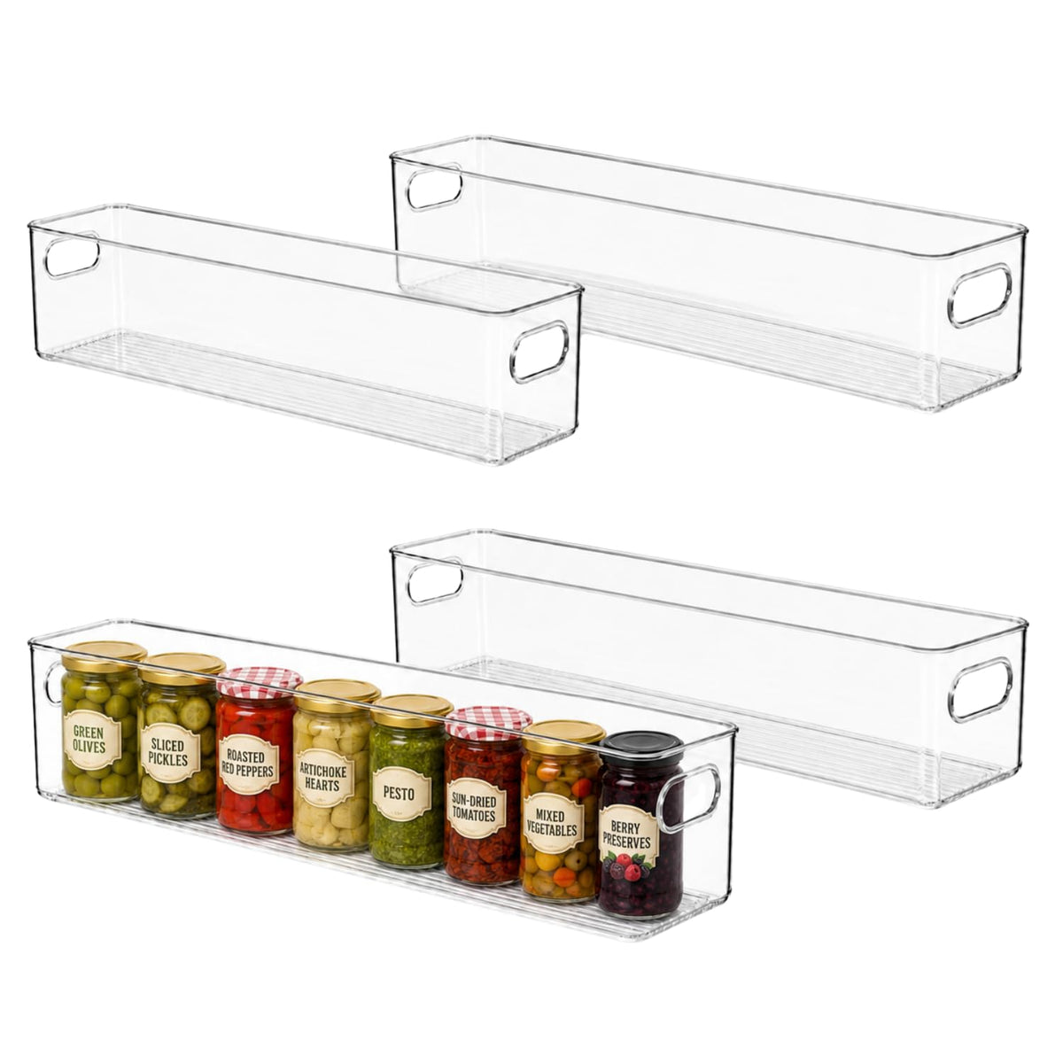 Plastic Food Storage 2 Pack Clear Container Bin with Handles for Organizing Kitchen, Pantry, Refrigerator, Freezer, Pantry, Cabinet, Closet, Bathroom. Stackable 10”x6”x3”