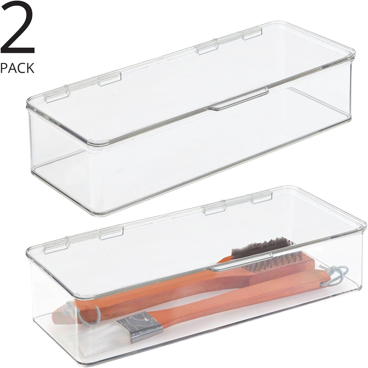 mDesign Long Plastic Kitchen Pantry/Fridge Storage Organizer Box Containers with Hinge Lid for Shelves or Cabinets, Holds Food, Snacks, Seasoning, Condiments, Flatware, Utensils, 2 Pack, Clear
