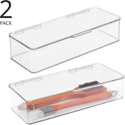 mDesign Long Plastic Kitchen Pantry/Fridge Storage Organizer Box Containers with Hinge Lid for Shelves or Cabinets, Holds Food, Snacks, Seasoning, Condiments, Flatware, Utensils, 2 Pack, Clear