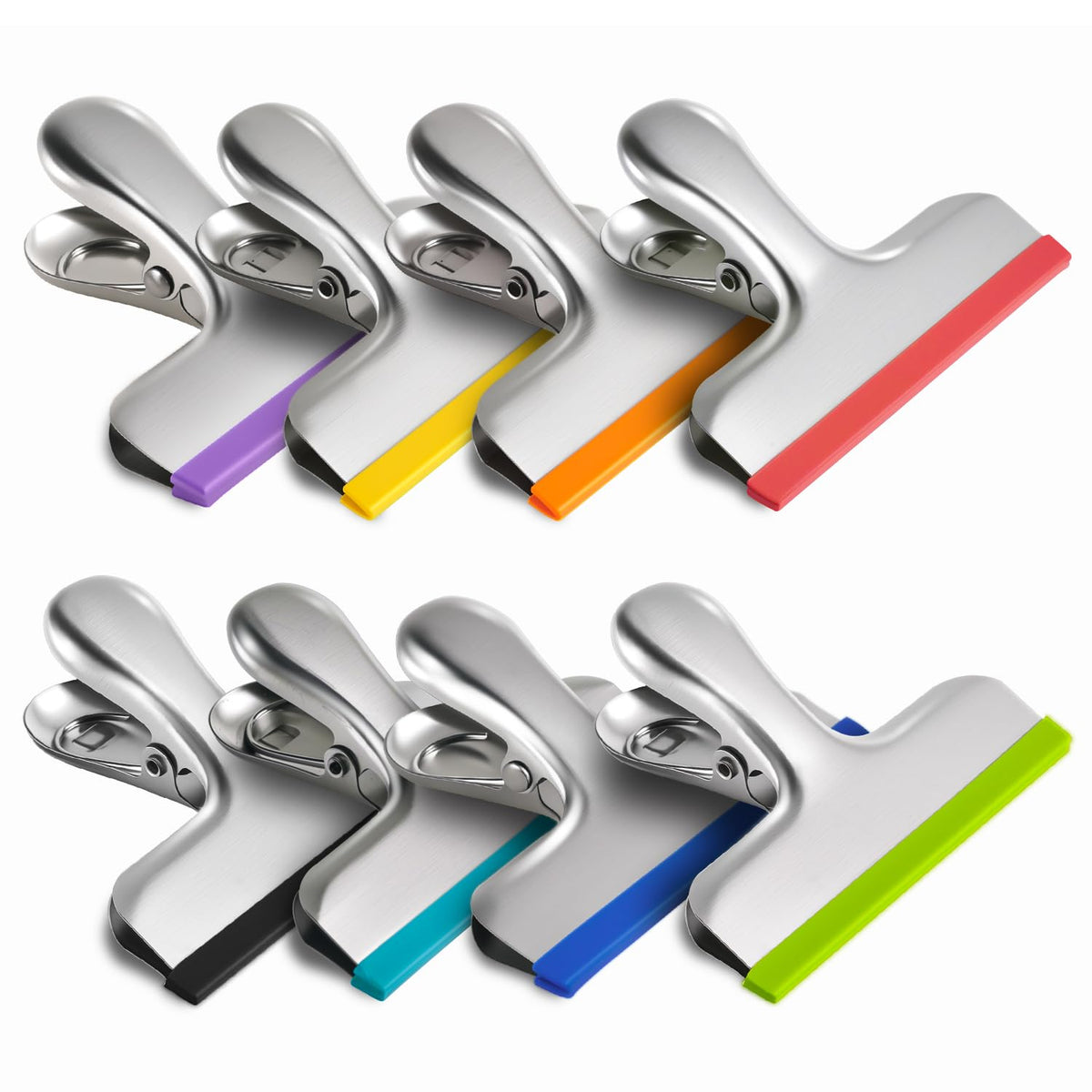HOUSE AGAIN 8 Pack Stainless Steel Chip Bag Clips Covered with Silicone - NO More Sharp Edges - Color Coded for Food Bags - Air Tight Seal, Heavy Duty for Kitchen and Office, 3 Inches