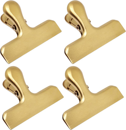 4 Pack Gold Chip Clips, 3 Inch Wide Stainless Steel Bag Clips for Food, Strong Grip Snack Bag Food Clip, Air Tight Seal Chip Clip File Clamp for Kitchen Office Home Supplies (Gold)