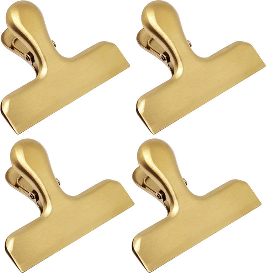 4 Pack Gold Chip Clips, 3 Inch Wide Stainless Steel Bag Clips for Food, Strong Grip Snack Bag Food Clip, Air Tight Seal Chip Clip File Clamp for Kitchen Office Home Supplies (Gold)