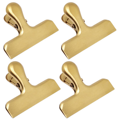 4 Pack Gold Chip Clips, 3 Inch Wide Stainless Steel Bag Clips for Food, Strong Grip Snack Bag Food Clip, Air Tight Seal Chip Clip File Clamp for Kitchen Office Home Supplies (Gold)