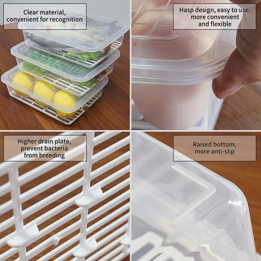 77L Fruit Storage Containers for Fridge, Rectangle Plastic Food Storage Containers with Lids, 3-Pack Deli Meat Container with Removable Drain Plate, Stackable Produce Keeper in Seafood & Berries