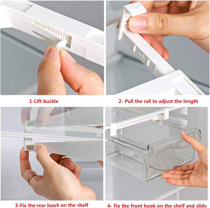 Refrigerator Pull Out Bin,Snap On Drawer Fridge Mate,Fridge Storage Box/Drawers/Rack, Refrigerator Bin Home Organizer for Fridge Shelf Thickness Under 0.6"