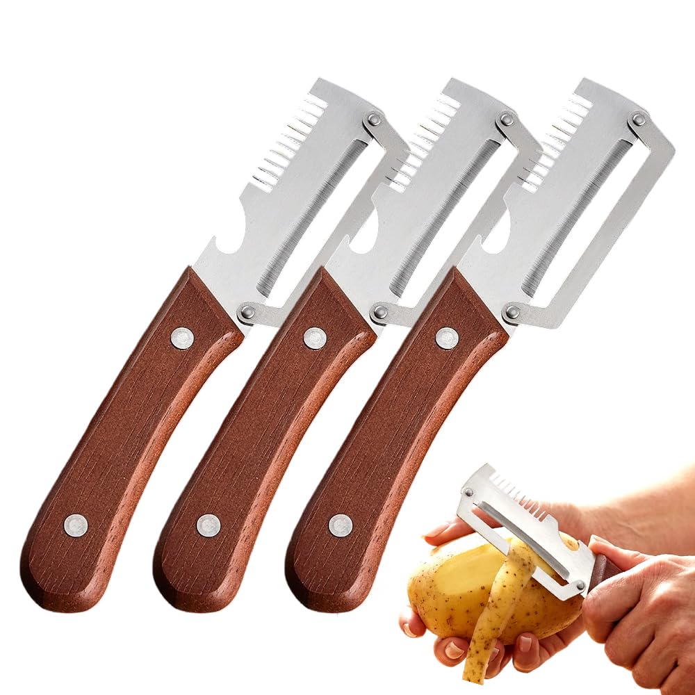 Premium Vegetable Peeler with Wooden Handle and Bottle Opener, Multi-Functional Vegetable Peeler for Kitchen, Kitchen Gadgets Tool for Fruit Pumpkin Peeling Potato Carrot Veggie Peeler (1)