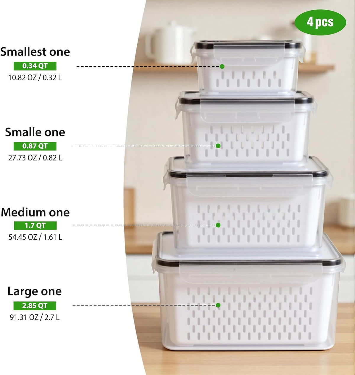 4 PCS Fruit Storage Containers for Fridge, Leakproof Produce Containers
