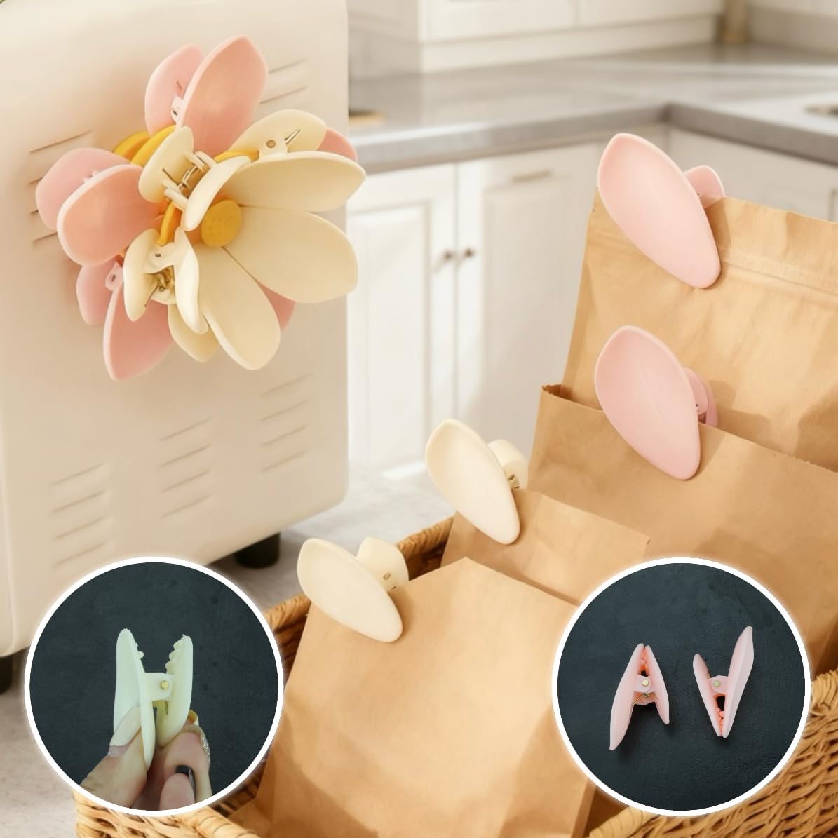 2 Pack Flower Magnetic Chip Clips for Refrigerator Decorative Pink Fridge Magnets Cute Multi-Purpose Petal Sealing Clips for Snack Bags Kitchen Office Home Decor