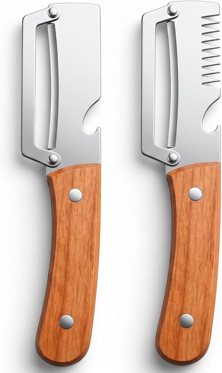 2 Pcs Multi-Functional Vegetable Peeler, Stainless Steel Thickened Fruit Peeler Knife with Wooden Handle & Bottle Opener, 2-in-1/3-in-1 Kitchen Tool for Home Cooking