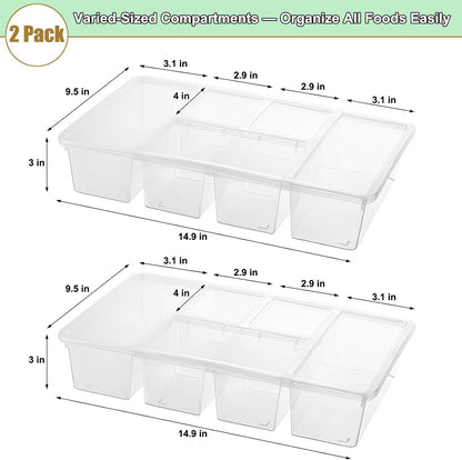 Taiuloo 2 Pack Divided Veggie Tray with Lid, Salad Bar Containers for Fridge Organizer, 5 Compartment Snackle Box Container, Clear Plastic Food Storage & Seving for Fruit, Vegetable, Snack, Meal Prep