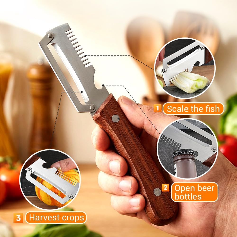 Premium Vegetable Peeler with Wooden Handle and Bottle Opener, 2026 Upgrade Multifunctional Vegetable Peeler for Kitchen, Multi-Functional Kitchen Gadgets Tool for Fruit Vegetables Potato (1)