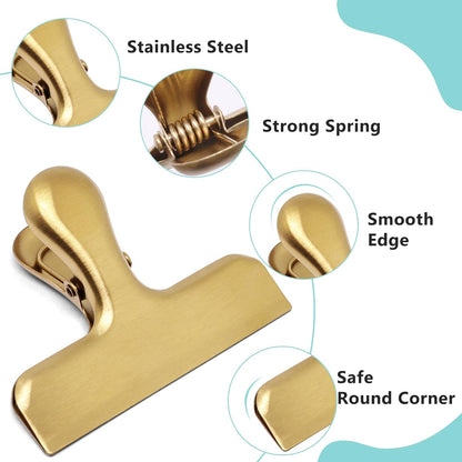 4 Pack Gold Chip Clips, 3 Inch Wide Stainless Steel Bag Clips for Food, Strong Grip Snack Bag Food Clip, Air Tight Seal Chip Clip File Clamp for Kitchen Office Home Supplies (Gold)