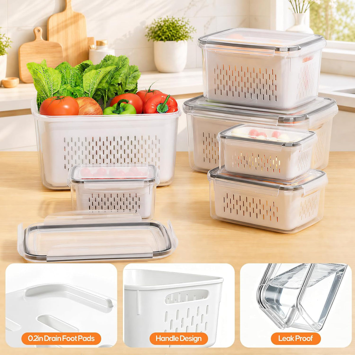 JSCARES Fruit Storage Containers for Fridge with Removable Colander, 6 Pack
