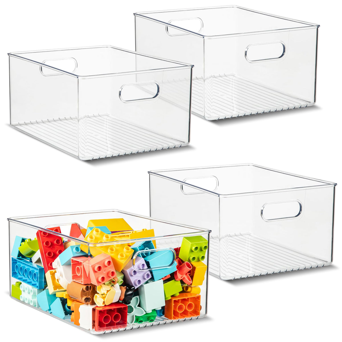 Plastic Food Storage 2 Pack Clear Container Bin with Handles for Organizing Kitchen, Pantry, Refrigerator, Freezer, Pantry, Cabinet, Closet, Bathroom. Stackable 10”x6”x3”