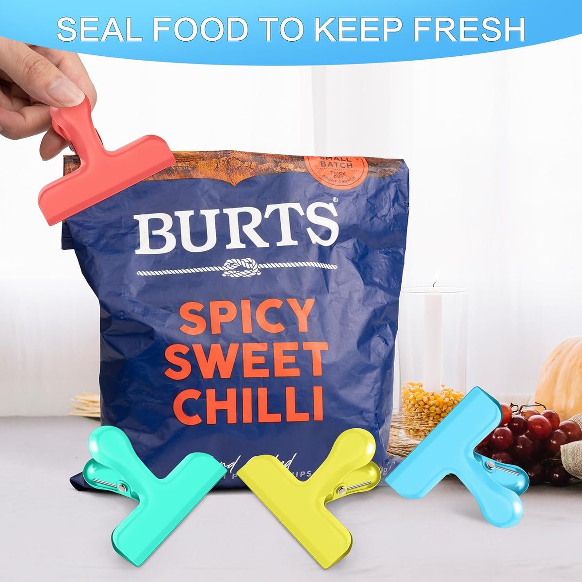 Chip Bag Clips, 12 Pack Heavy Duty Chip Clips & Food Clip, Air Tight Seal Bag Clip for Kitchen and Office to Seal Coffee Bags, Paper Sheets (Multi-Color)