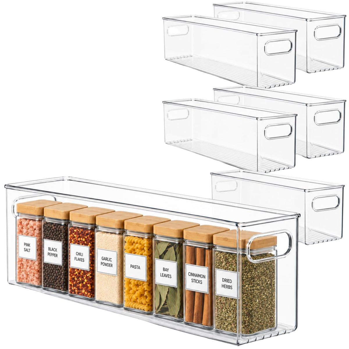 Plastic Food Storage 2 Pack Clear Container Bin with Handles for Organizing Kitchen, Pantry, Refrigerator, Freezer, Pantry, Cabinet, Closet, Bathroom. Stackable 10”x6”x3”
