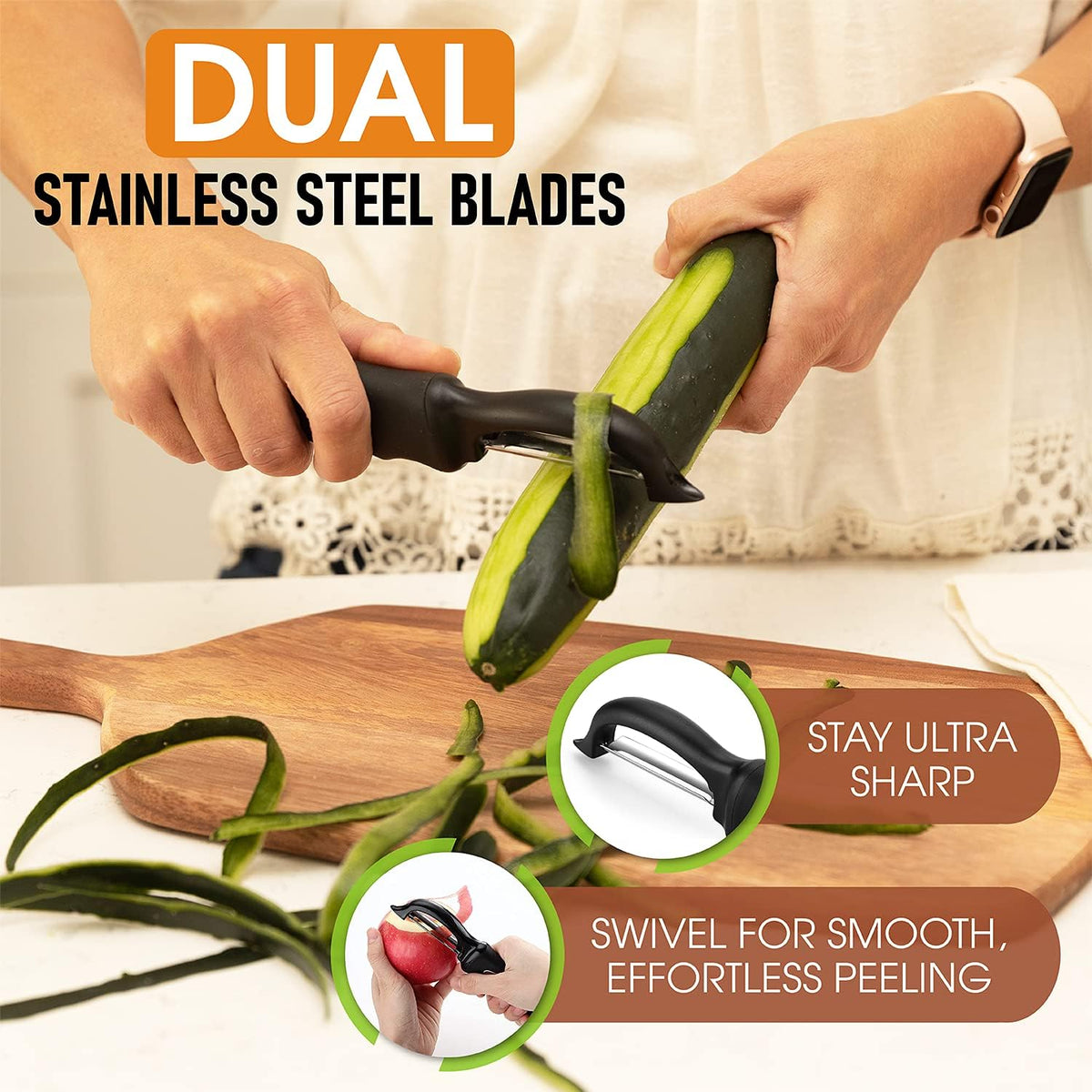 Spring Chef Swivel Vegetable Peeler with Soft Grip Handle, Set of 2, Black