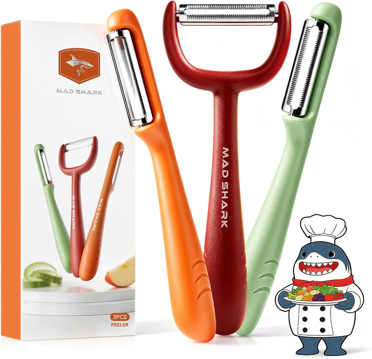 MAD SHARK 3-Piece Vegetable Peeler Set, Straight & Serrated Potato Peelers