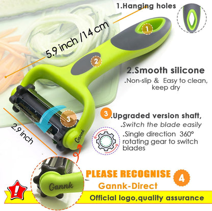 GANNK Potato Apple Vegetable Peelers for Kitchen, I and Y Peelers for Fruit Veggie Potatoes Carrot Cucumber, 3 in 1 Blade Spin Design With Julienne Multifunctional