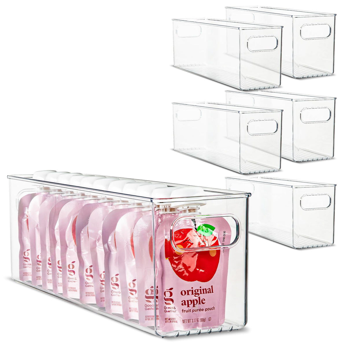Plastic Food Storage 2 Pack Clear Container Bin with Handles for Organizing Kitchen, Pantry, Refrigerator, Freezer, Pantry, Cabinet, Closet, Bathroom. Stackable 10”x6”x3”